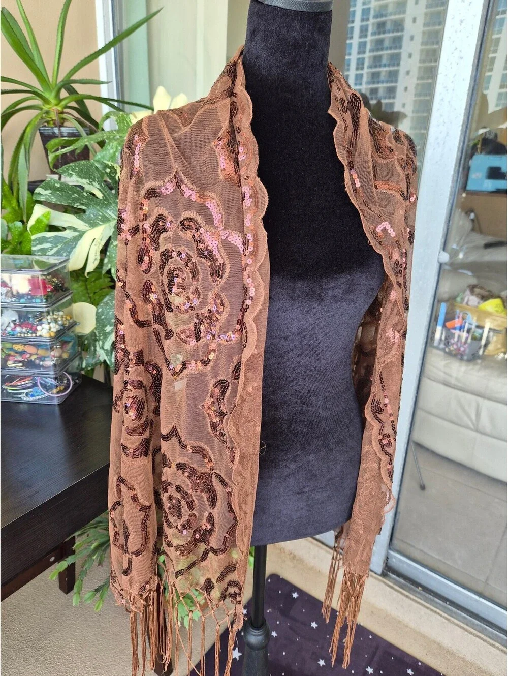 Caramel Brown Floral Sequin Mesh Scarf Shawl Fringe 25 x 70
